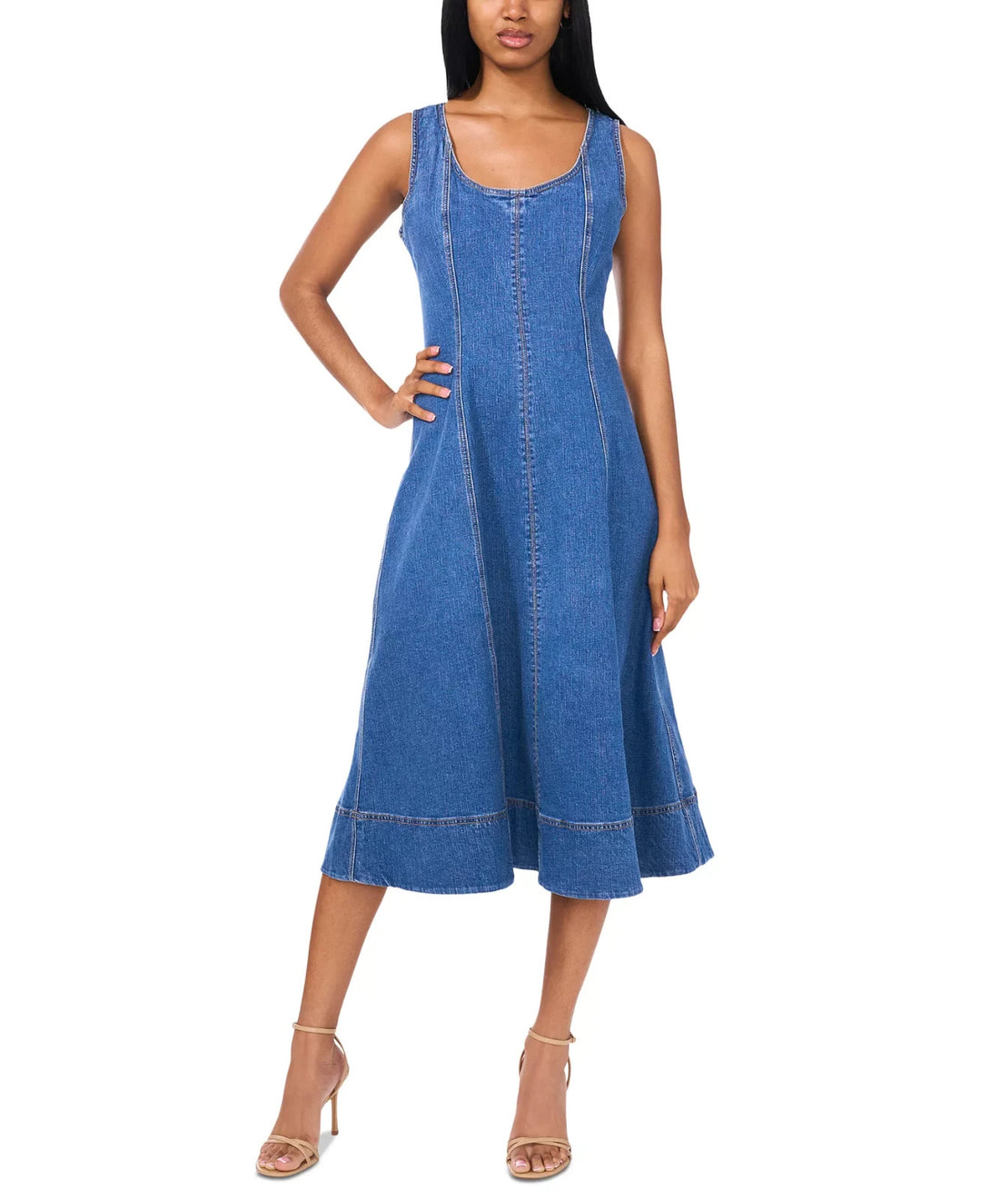 1.STATE Women's Scoop-Neck Sleeveless Denim Fit & Flare Dress MSRP $129