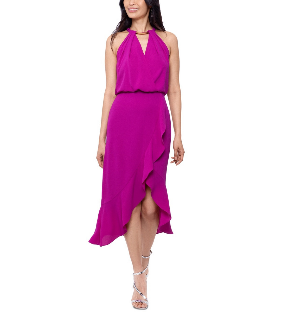 XSCAPE Crepe Halter-Neck High-Low Midi Dress MSRP $149 DGFOutlet XSCAPE Crepe Halter-Neck High-Low Midi Dress MSRP $149 DGFOutlet