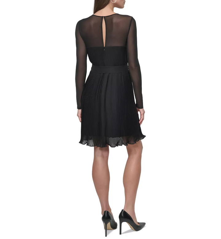 DKNY Petite Jewel-Neck Belted A-Line Pleated Mesh Dress MSRP $139
