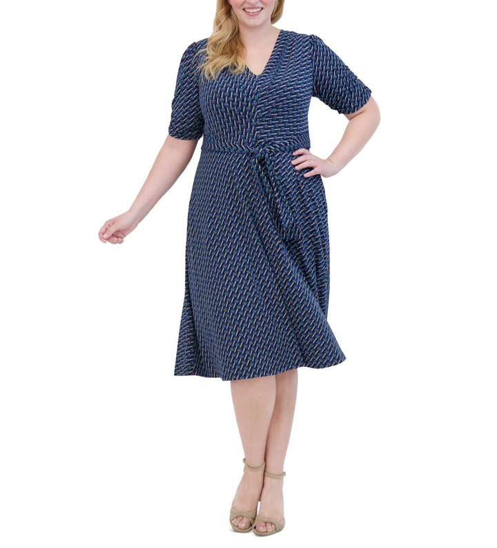 Jessica Howard Plus Size Pleated V-Neck Tie-Waist Dress MSRP $119