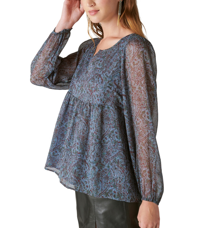 Lucky Brand Paisley-Print Split-Neck Peasant Top MSRP $89