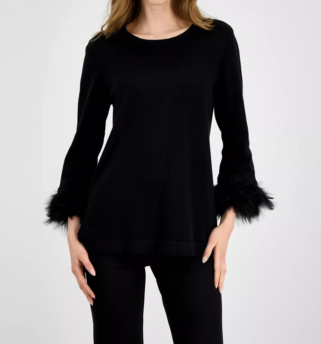 Anne Klein Women's Crewneck Feather-Trim-Cuff Sweater MSRP $119