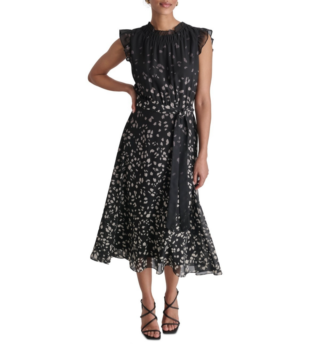 DKNY Women's Printed Ruffled Belted Midi Dress MSRP $ 134