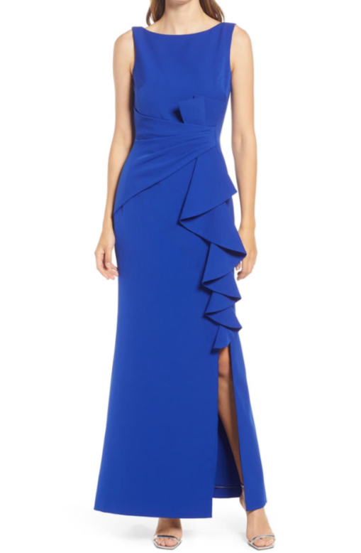 Eliza J Sleeveless Cascading-Ruffle Gown MSRP $188