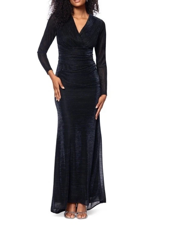 Betsy & Adam Metallic V-Neck Long-Sleeve Gown MSRP $279