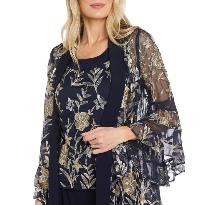 R & M Richards  2-Pc. Embroidered Illusion-Sleeve Top & Pants Set MSRP $149