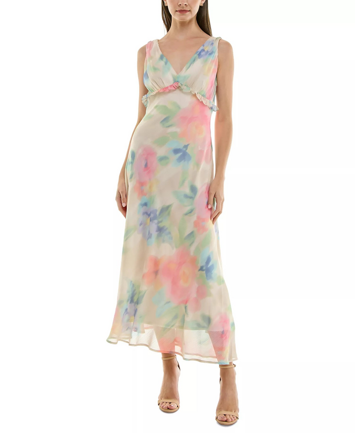 Taylor Women's Watercolor-Print Chiffon Ruffled Dress MSRP $128