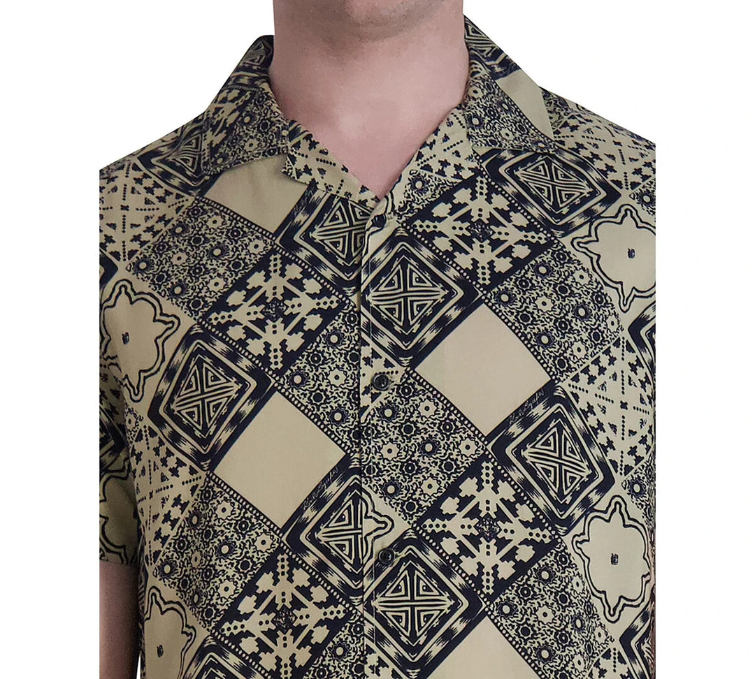 KARL LAGERFELD PARIS Geometric Tile-Print Button-Down Camp Shirt MSRP $119