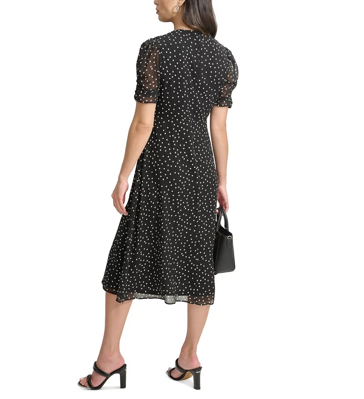 DKNY Polka-Dot V-Neck Button-Trim Midi Dress MSRP $134
