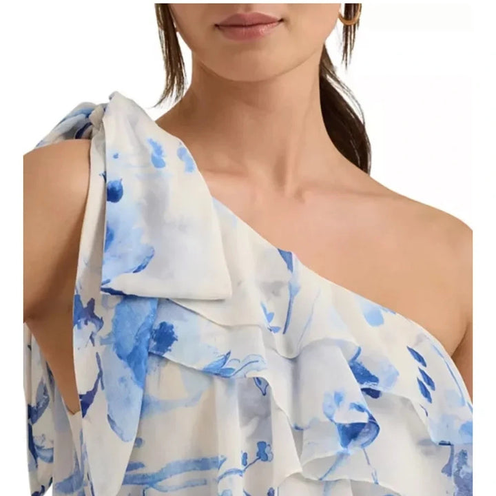 Ralph Lauren Blue Floral One-Shoulder Ruffle Dress MSRP $245