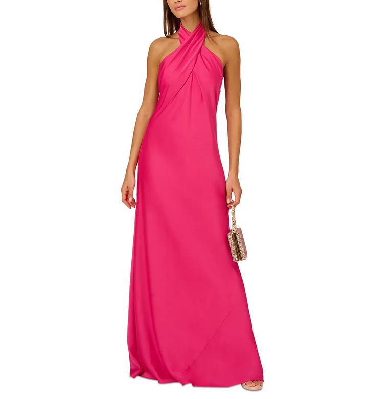 Adrianna by Adrianna Papell Halter Sleeveless Satin Gown MSRP $275