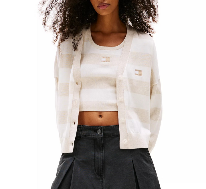 Tommy Jeans Women's Cotton Relaxed-Fit Striped Cardigan MSRP $79