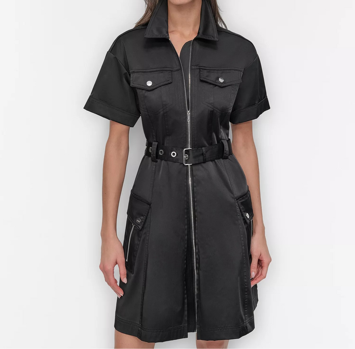 DKNY Women's Zip-Front Belted Short-Sleeve Dress MSRP $149