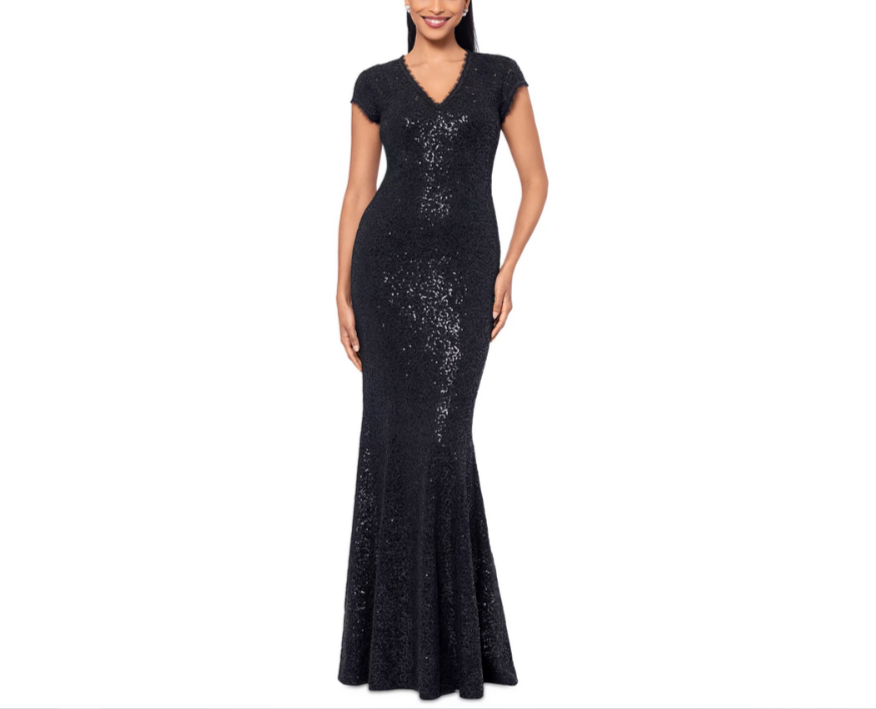 Betsy & Adam Sequined Lace Cap-Sleeve Gown MSRP $319