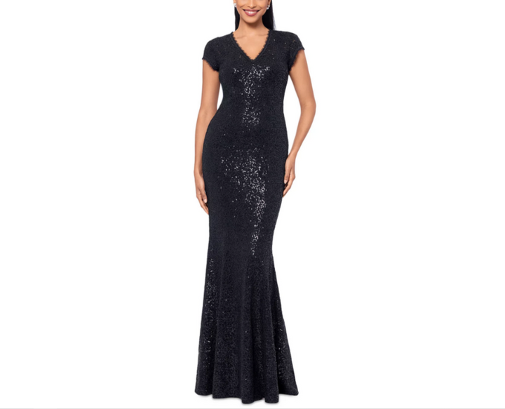 Betsy & Adam Sequined Lace Cap-Sleeve Gown MSRP $319