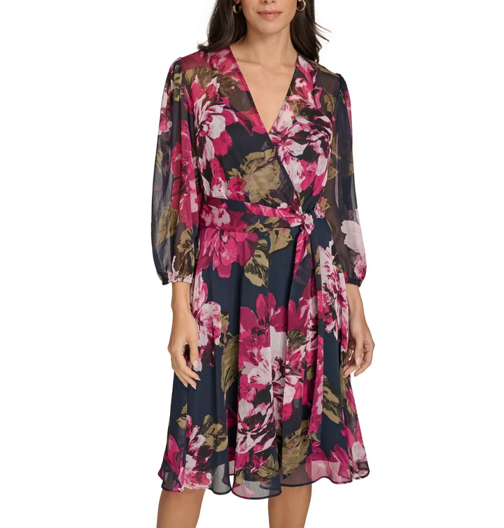 Calvin Klein Petite Floral-Print A-Line Wrap Dress MSRP $149