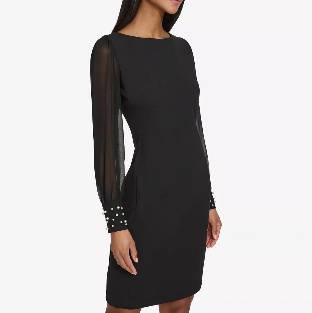 KARL LAGERFELD PARIS Illusion-Sleeve Beaded-Cuff Dress MSRP $138