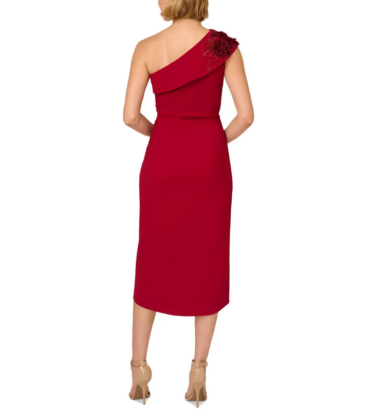 Adrianna Papell Petite Beaded-Shoulder Ruched-Side Dress MSRP $249