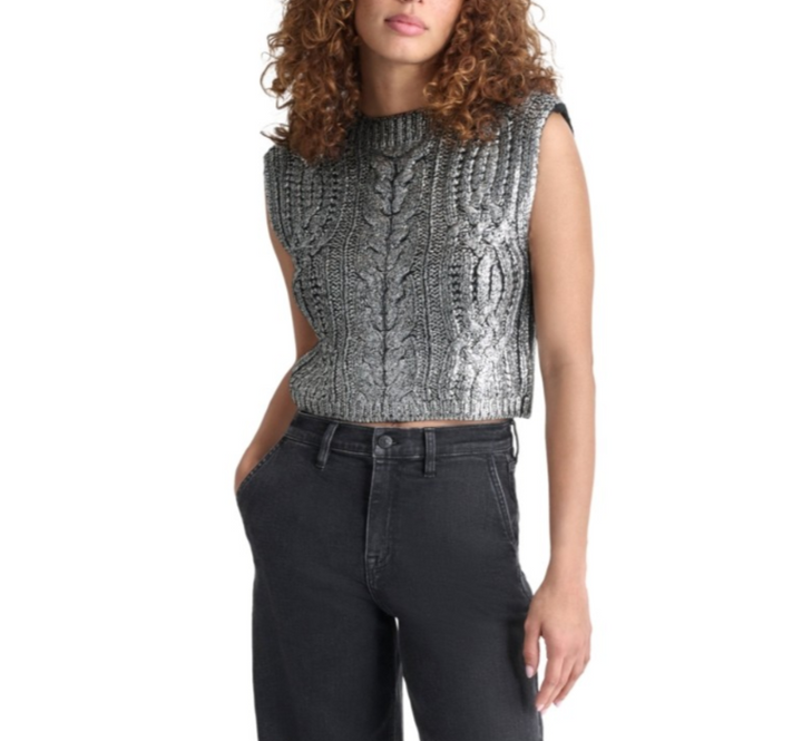 DKNY Jeans Foiled Knit Cropped Sweater MSRP $89