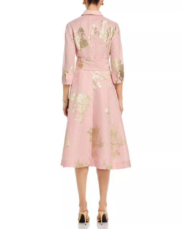 Teri Jon by Rickie Freeman Metallic Floral Jacquard Shirt Dress MSRP $680