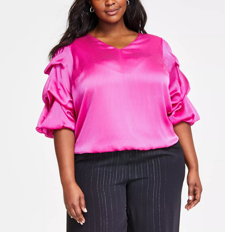 Vince Camuto Plus Size Shadow-Stripe Bubble-Sleeve Top MSRP $99