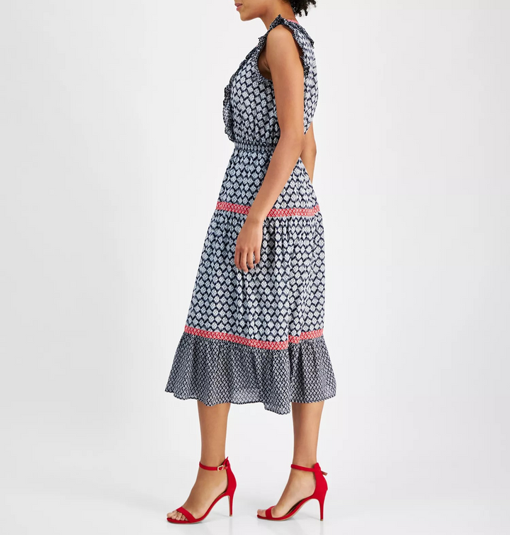 Nautica Jeans Women's Mixed-Print Tiered Midi Dress MSRP $119