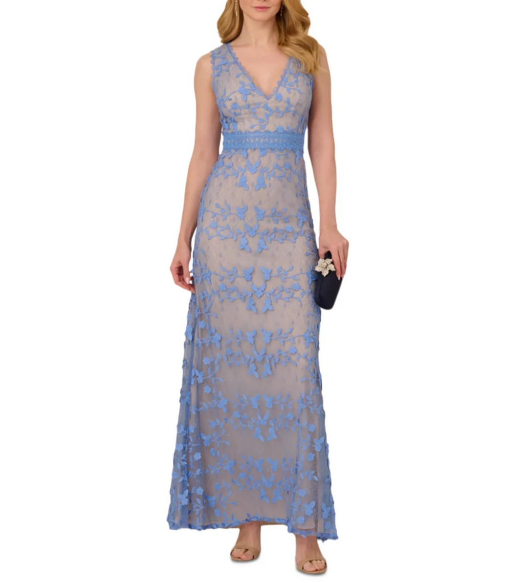 Adrianna Papell Women's V-Neck Embroidered Lace Gown MSRP $279