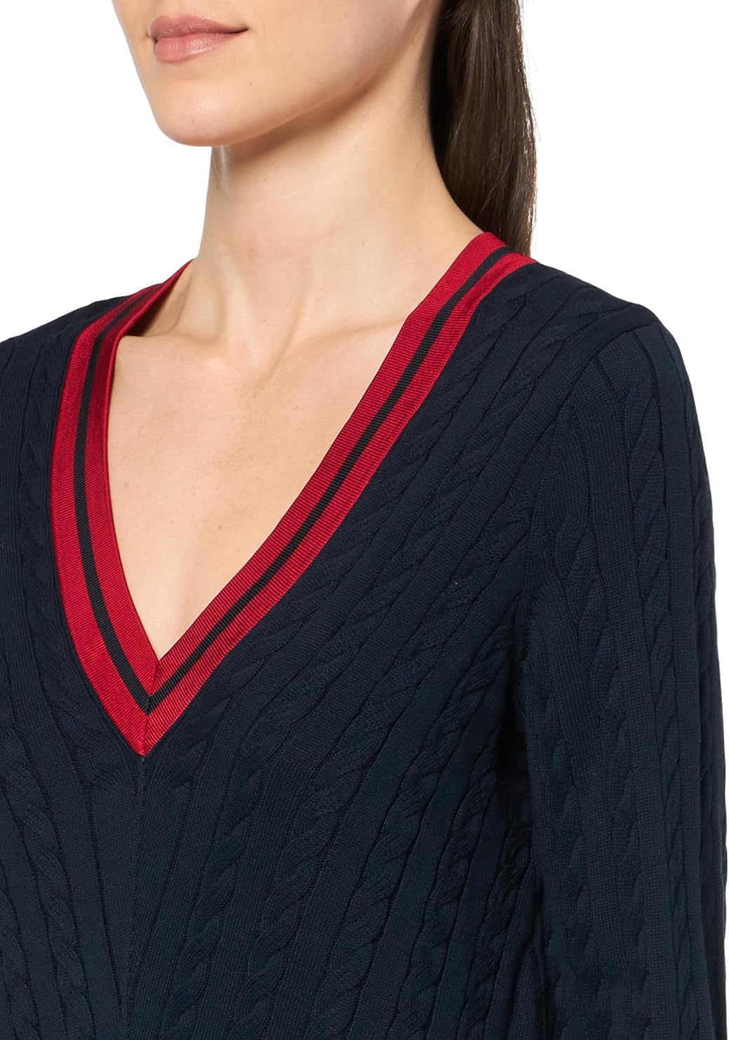 Tommy Hilfiger Women's Contrast Stripe V-Neck Cable Knit Sweater MSRP $79.50