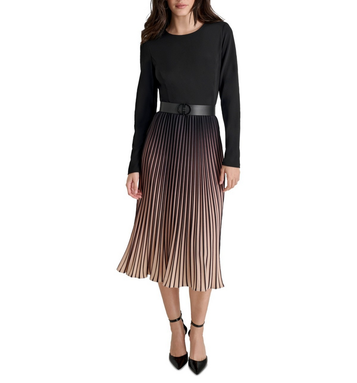 DKNY Ombré Belted Pleated-Skirt Long-Sleeve Dress MSRP $159