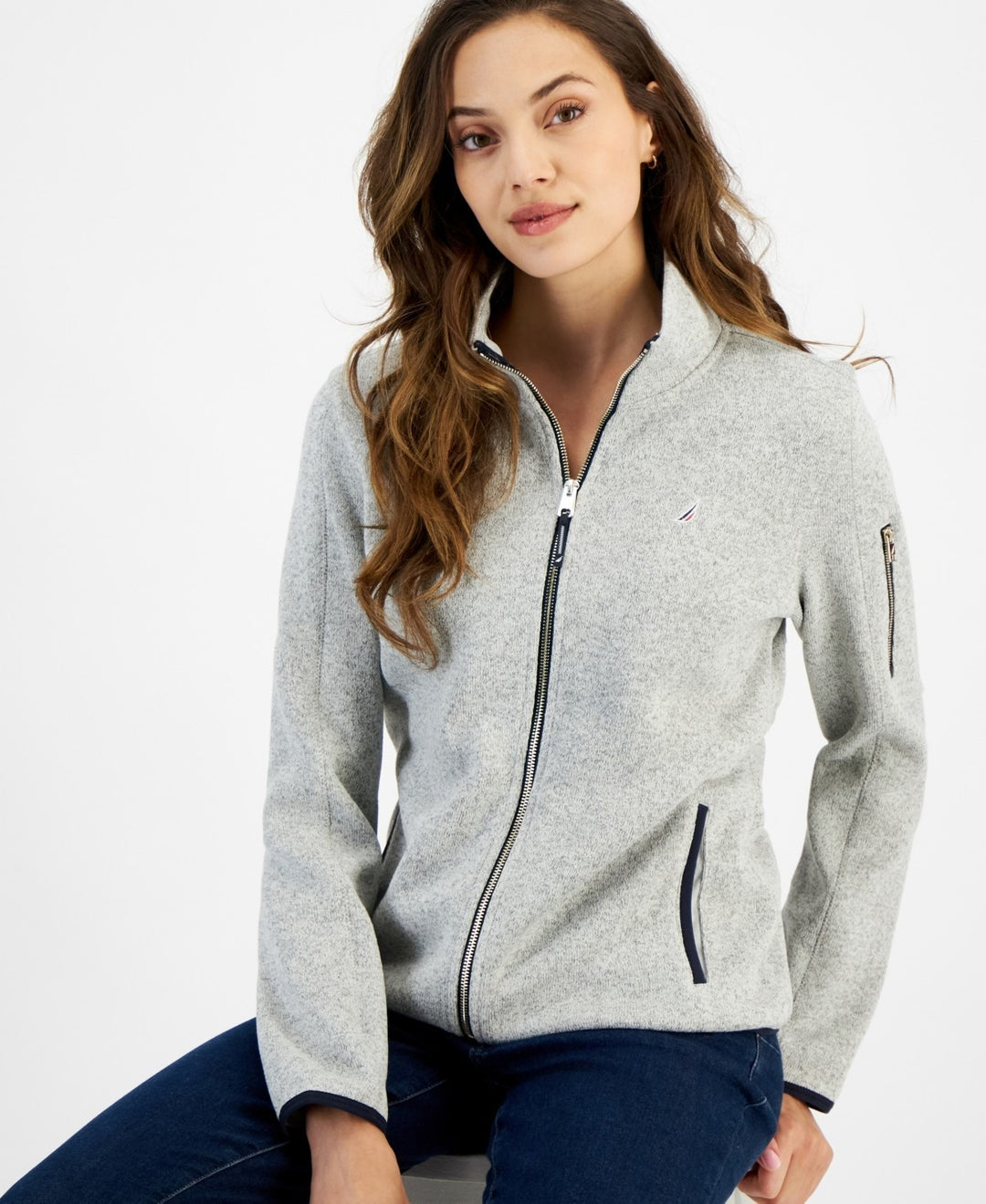 Nautica Jeans Women's Piping-Trim Sweater-Fleece Jacket MSRP $79.50