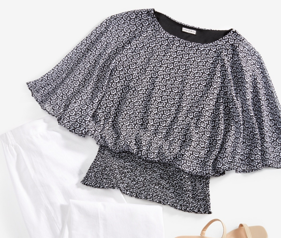 Sam & Jess Round-Neck 3/4-Sleeve Smocked-Waist Blouse MSRP $59