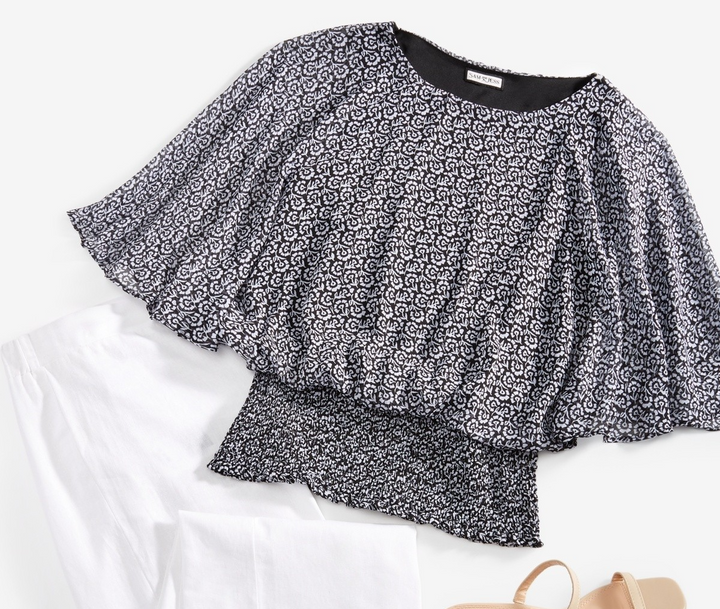 Sam & Jess Round-Neck 3/4-Sleeve Smocked-Waist Blouse MSRP $59