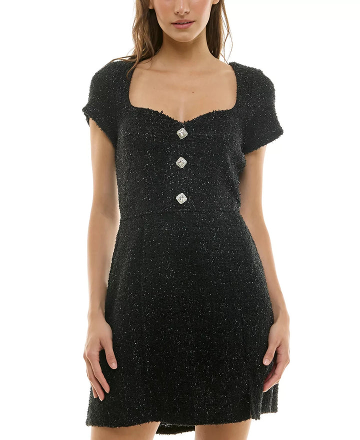 Trixxi Juniors' Sweetheart-Neck Short-Sleeve Bouclé Dress MSRP $59