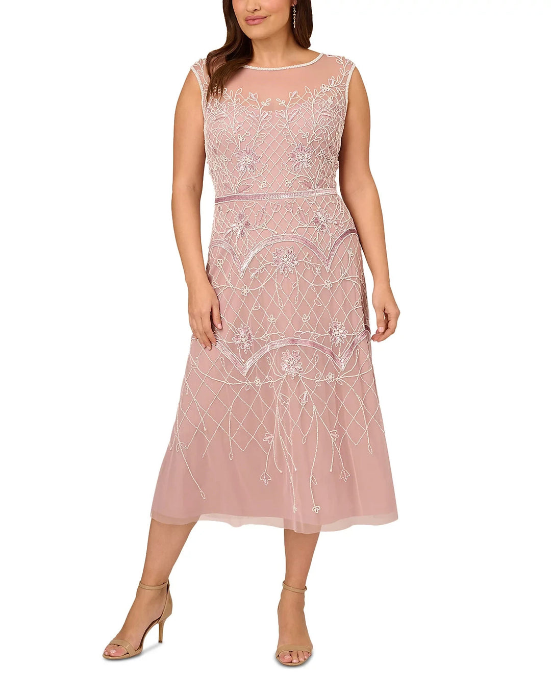 Adrianna Papell Plus Size Beaded Midi Dress MSRP $349