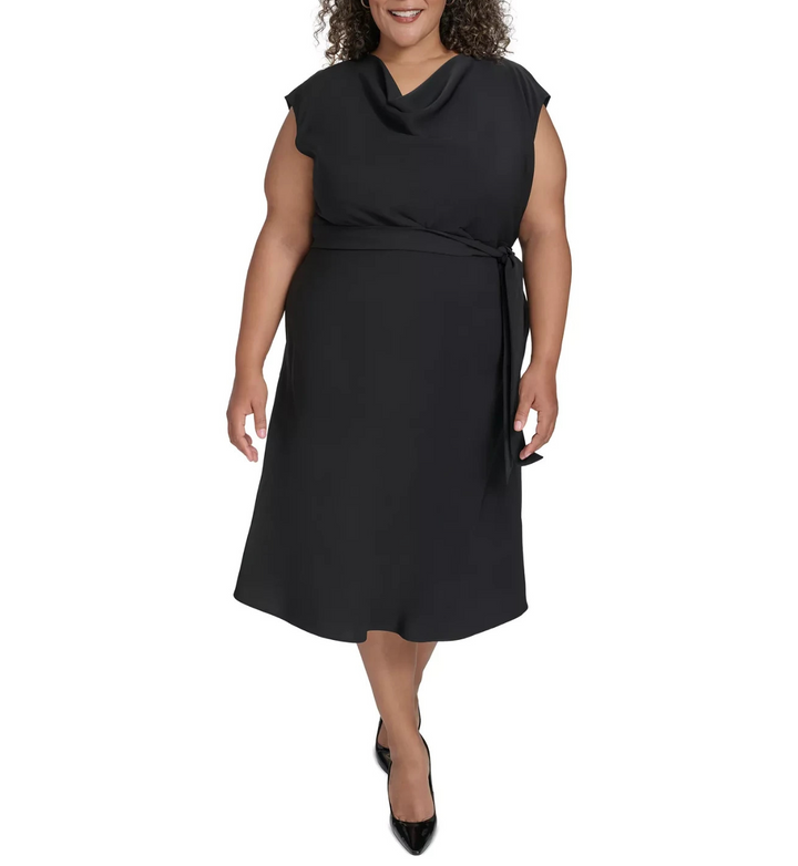 DKNY Plus Size Cowl-Neck Belted Cap-Sleeve Midi Crepe MSRP $139