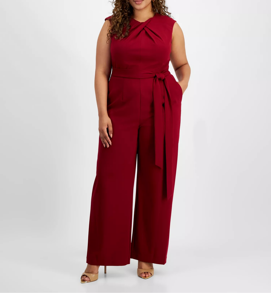 Tahari Plus Size Sleeveless Scuba Crepe Tie-Waist Jumpsuit MSRP $149