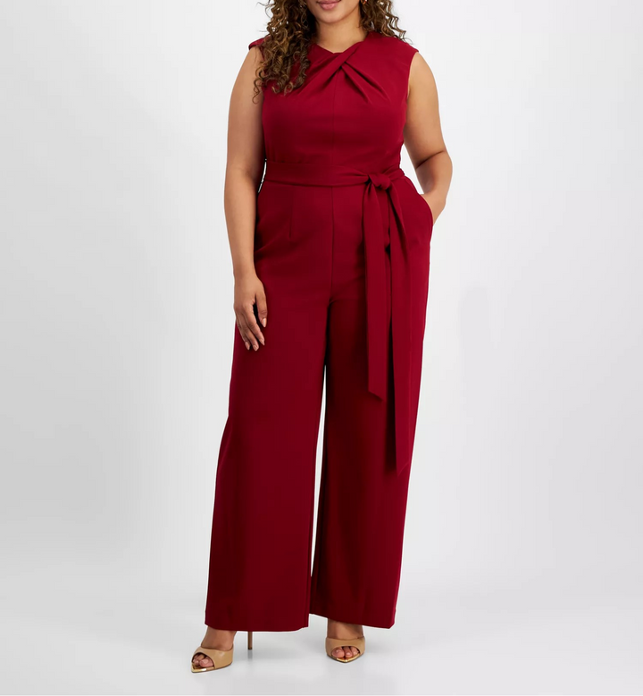 Tahari Plus Size Sleeveless Scuba Crepe Tie-Waist Jumpsuit MSRP $149