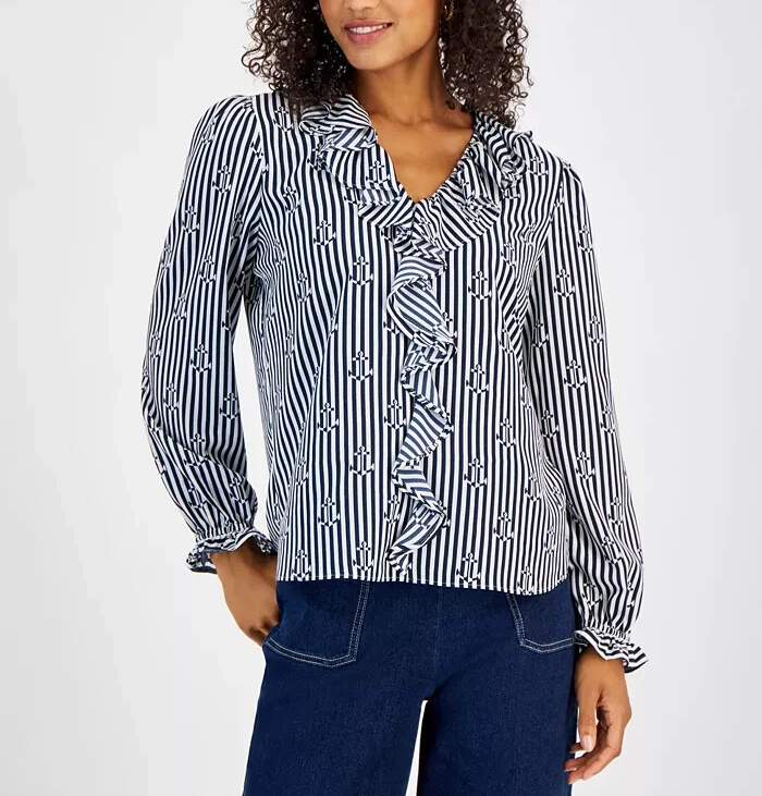 Nautica Jeans Women's Ruffled Striped Anchor-Print Top Size L