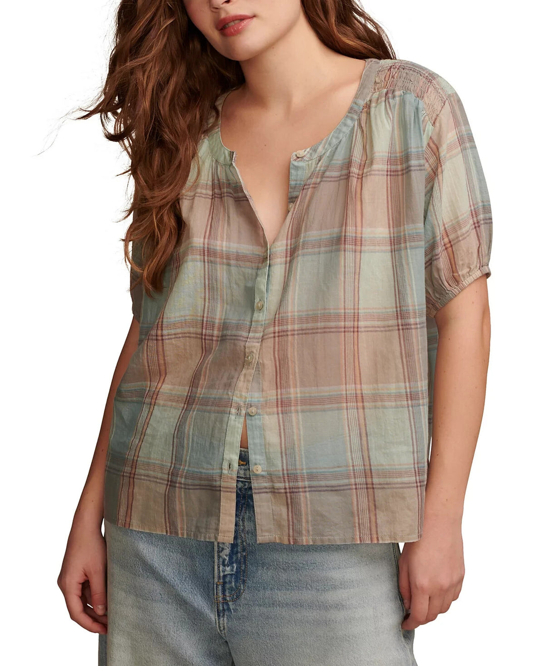 Lucky Brand Cotton Plaid Smocked-Shoulder Blouse MSRP $79