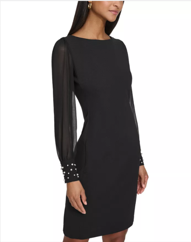 KARL LAGERFELD PARIS Scuba Crepe Chiffon Sleeve Sheath Dress MSRP $138