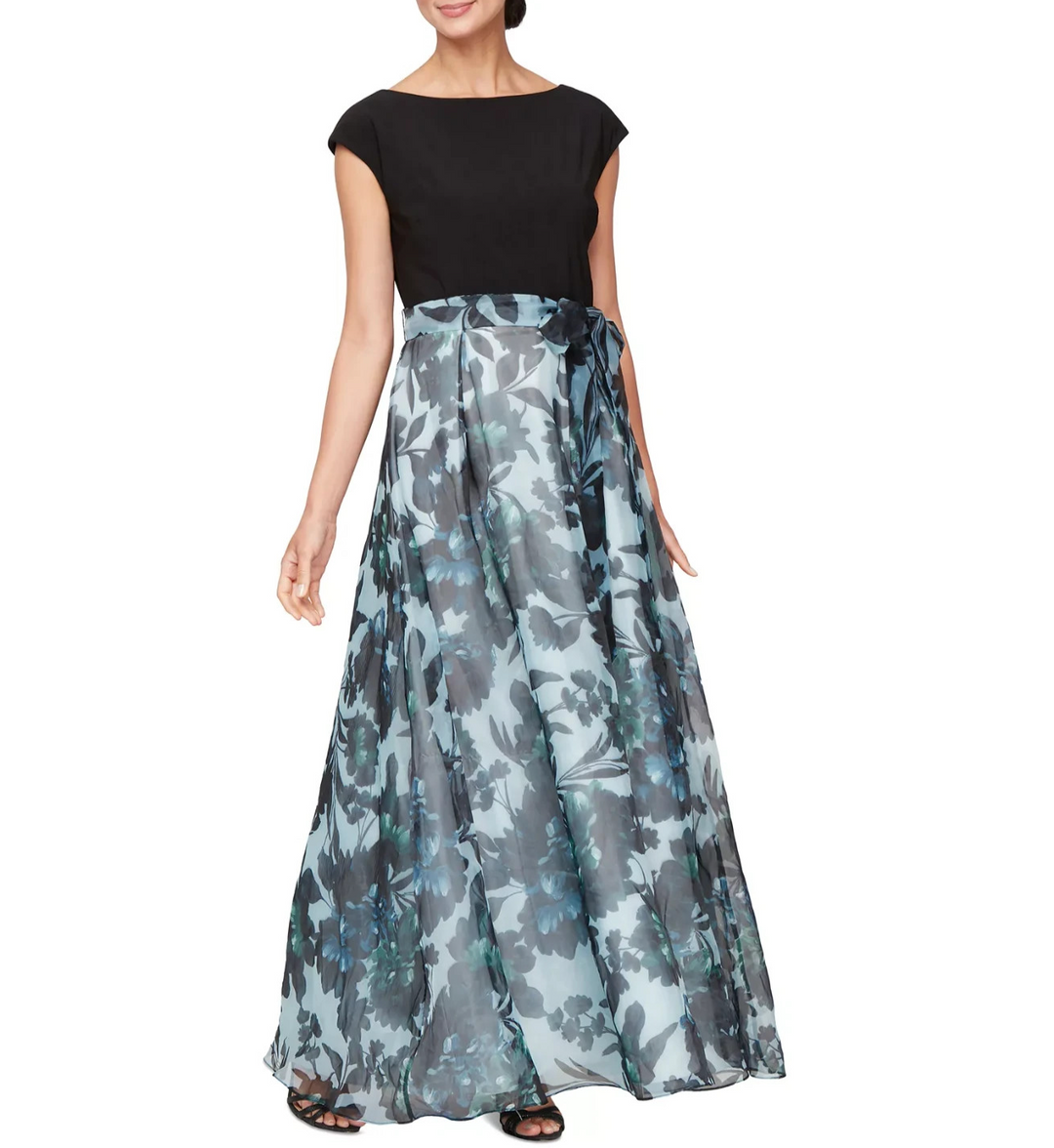 SL Fashions Floral-Print Cap-Sleeve Gown MSRP $159