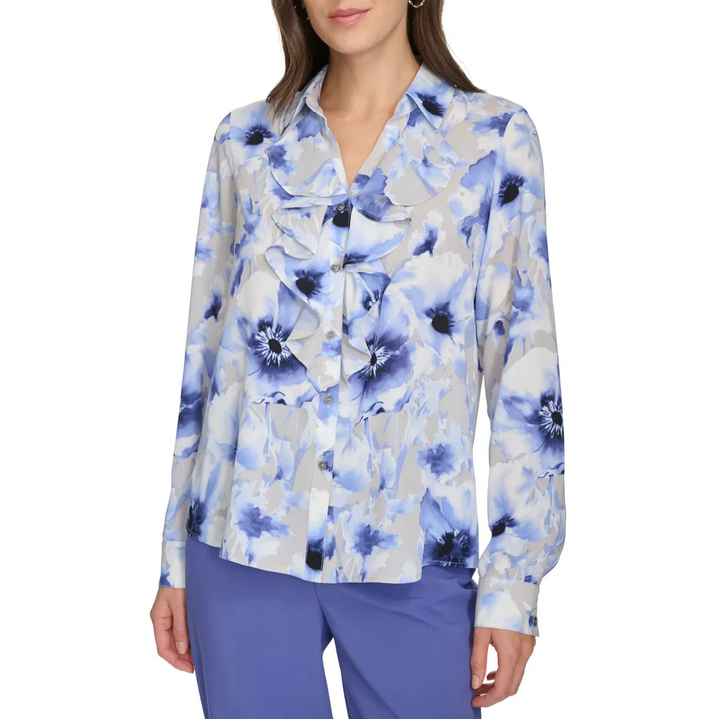 Calvin Klein Women's Printed Ruffle-Collar Blouse MSRP $79