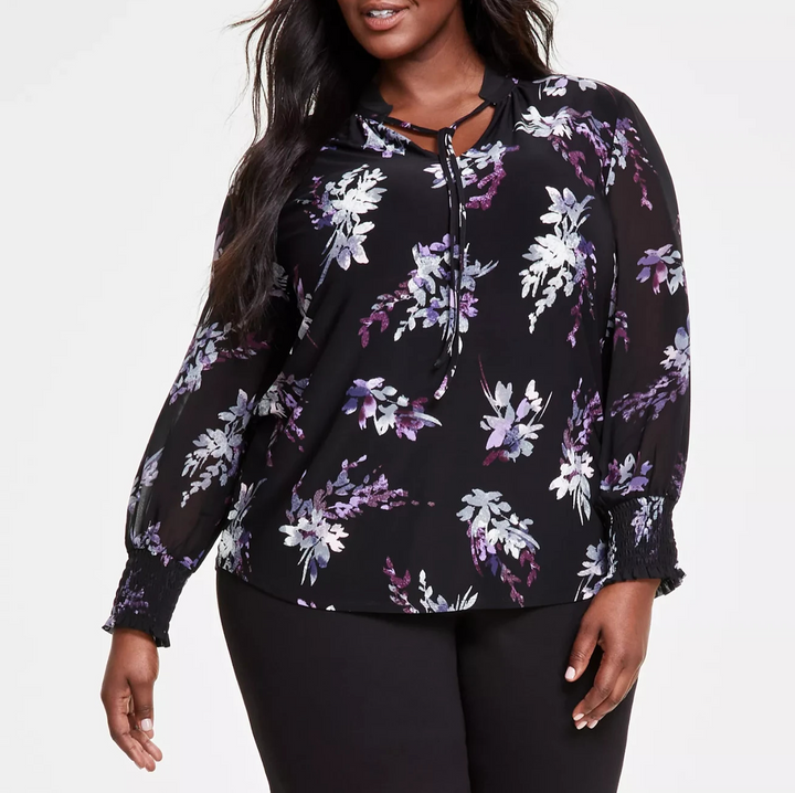 Anne Klein Plus Size Printed Split-Neck Blouse MSRP $99