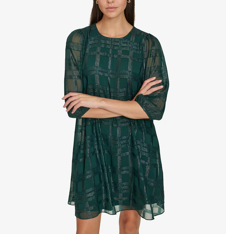 Calvin Klein Jewel-Neck 3/4-Sleeve Chiffon Dress MSRP $139