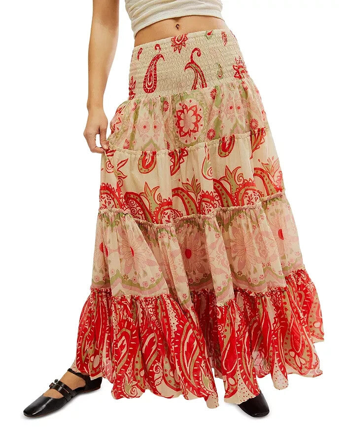 Free People Super Thrills Printed Tiered Maxi Skirt Size S