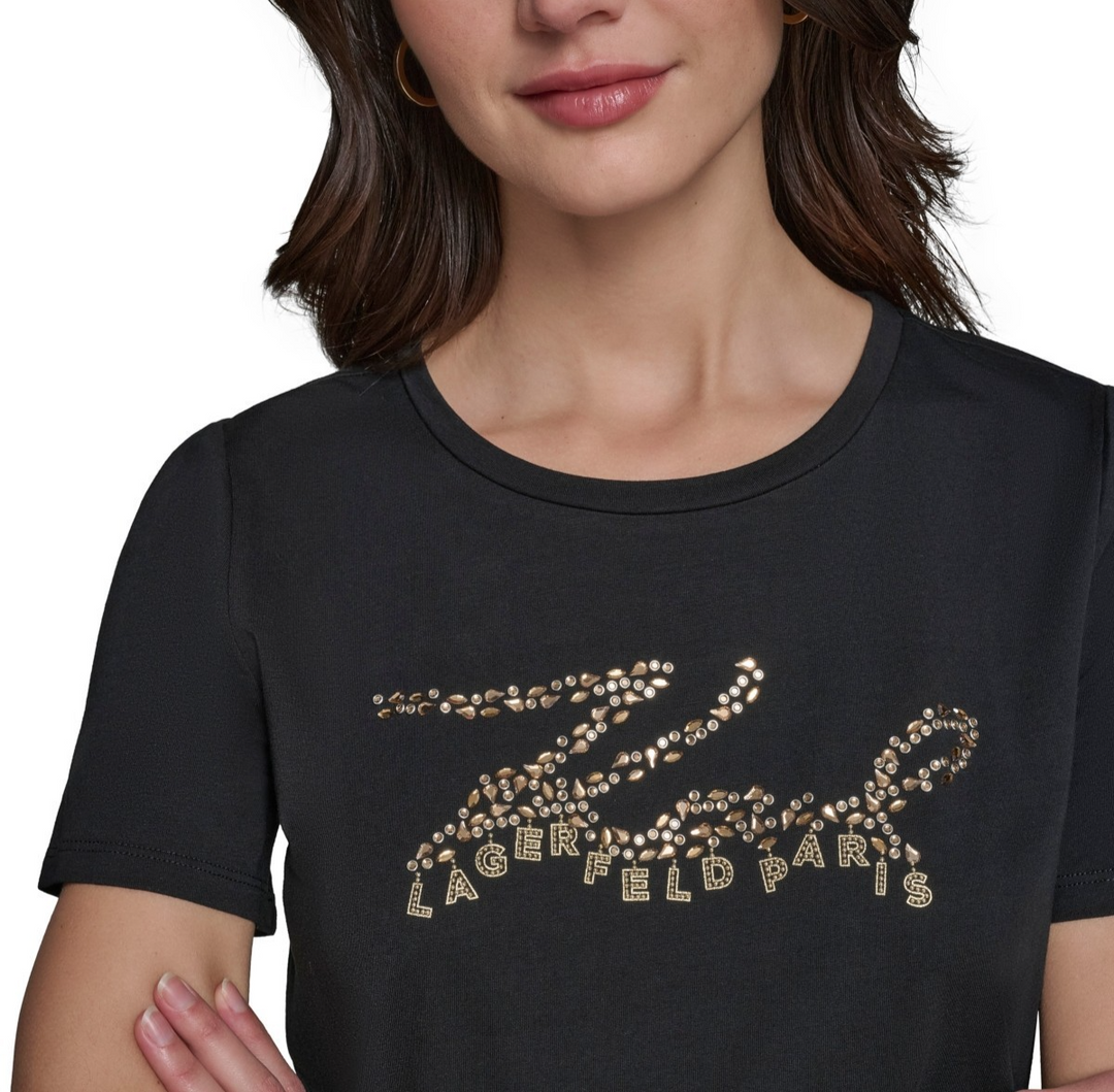 KARL LAGERFELD PARIS Women's Embellished Script Logo T-Shirt MSRP $59