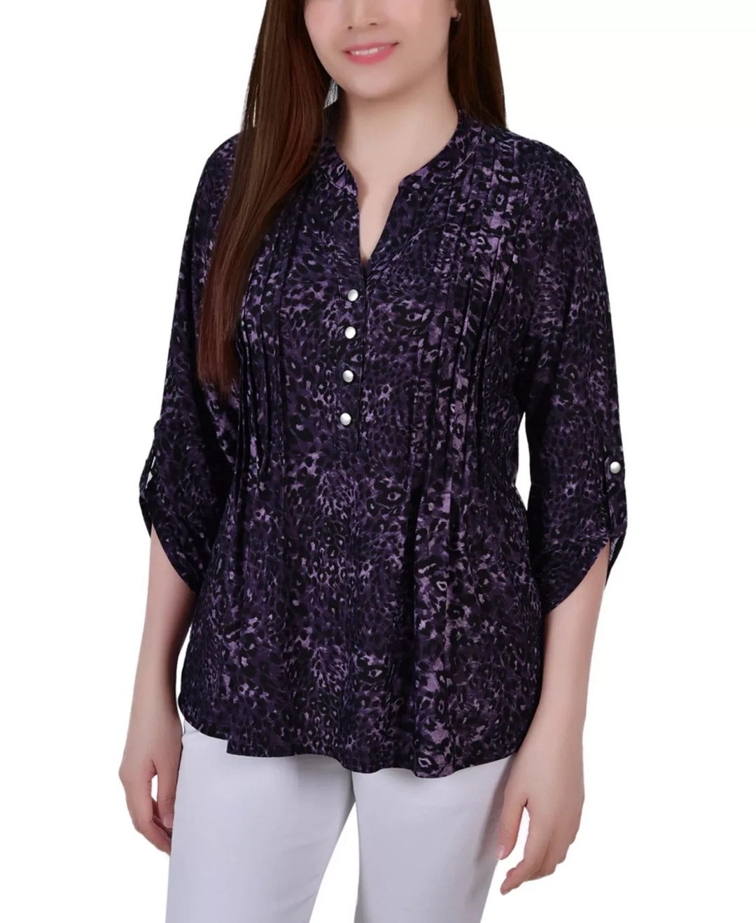 NY Collection Petite Pintuck Roll Tab Sleeve Top MSRP $44