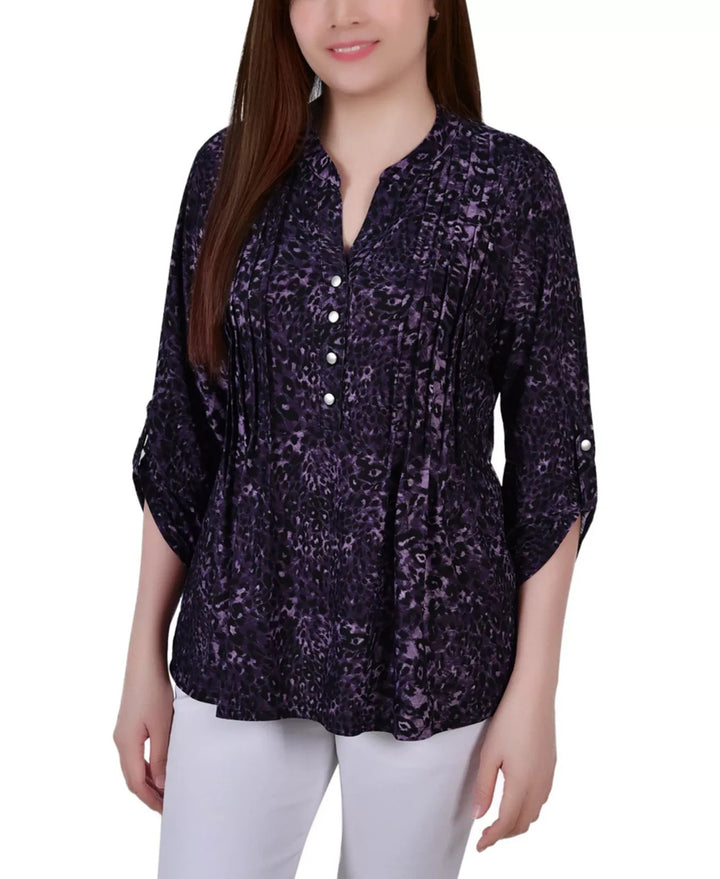 NY Collection Petite Pintuck Roll Tab Sleeve Top MSRP $44