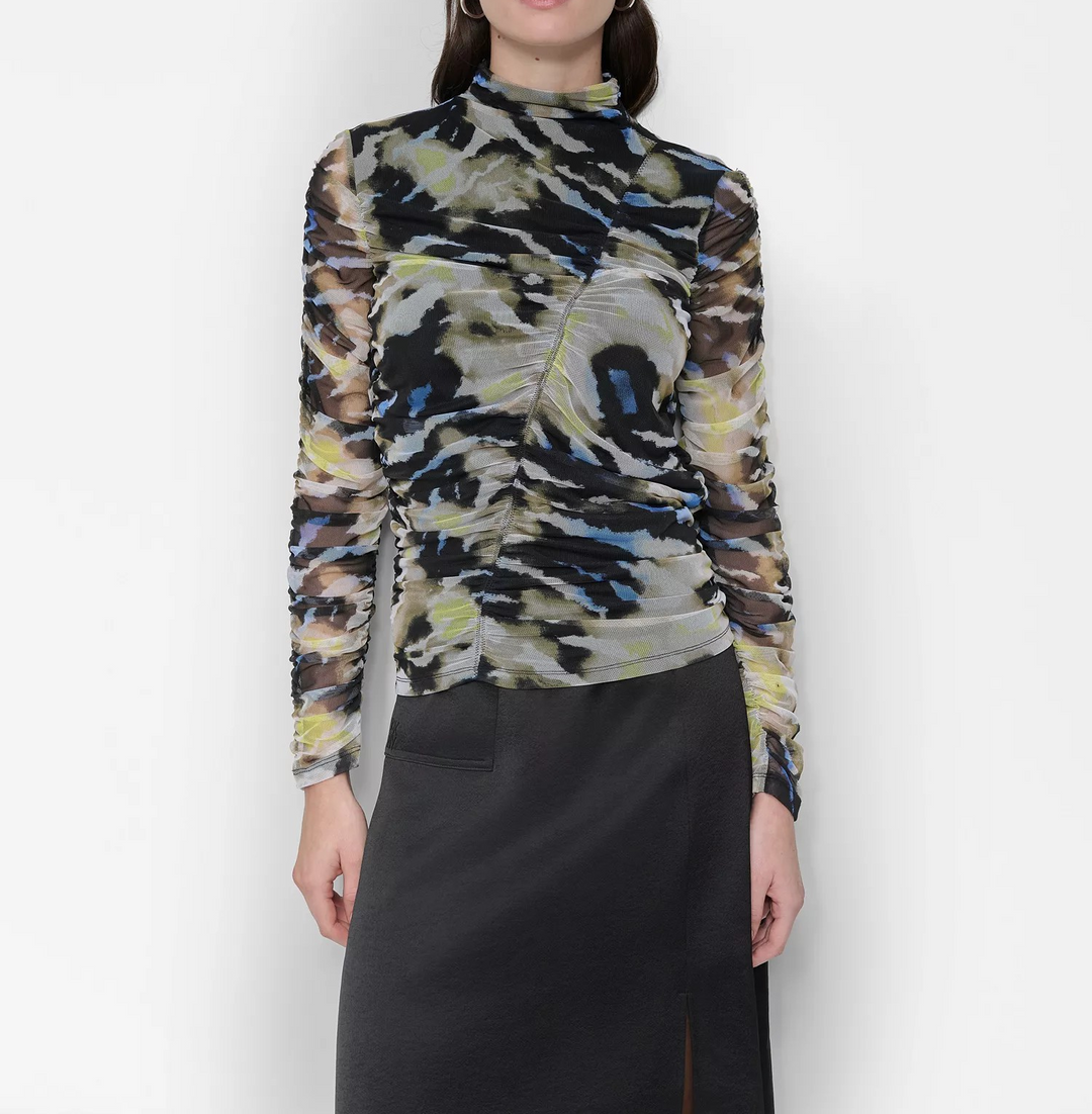 DKNY Women's Printed Mock-Neck Long-Sleeve Ruched Mesh Top MSRP $99