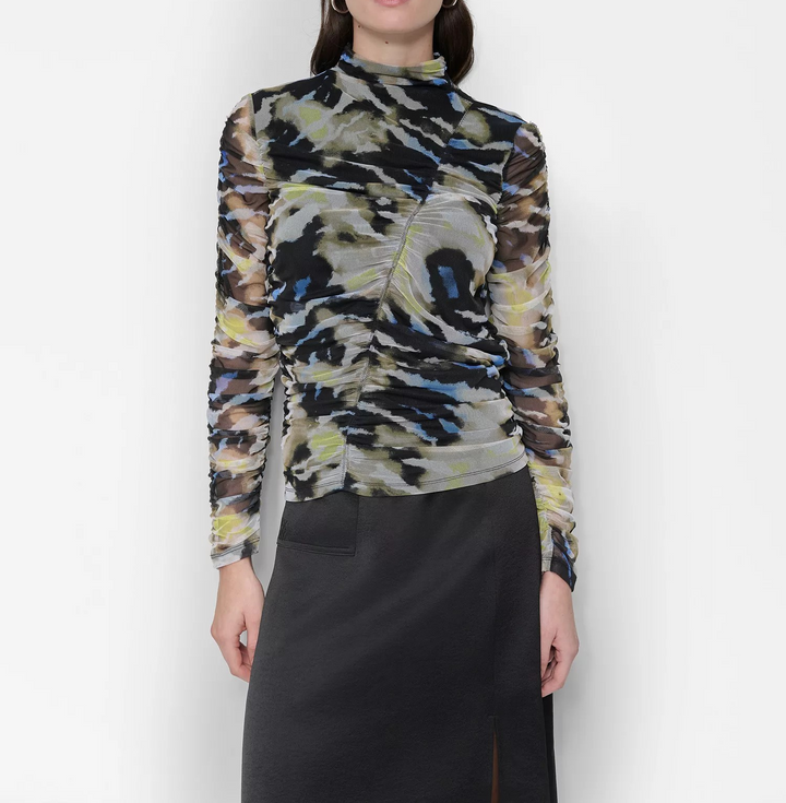 DKNY Women's Printed Mock-Neck Long-Sleeve Ruched Mesh Top MSRP $99